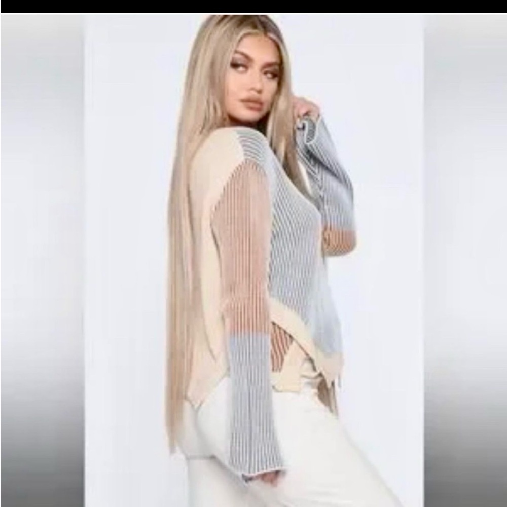 Fashion Nova Beige and White Striped Sweater